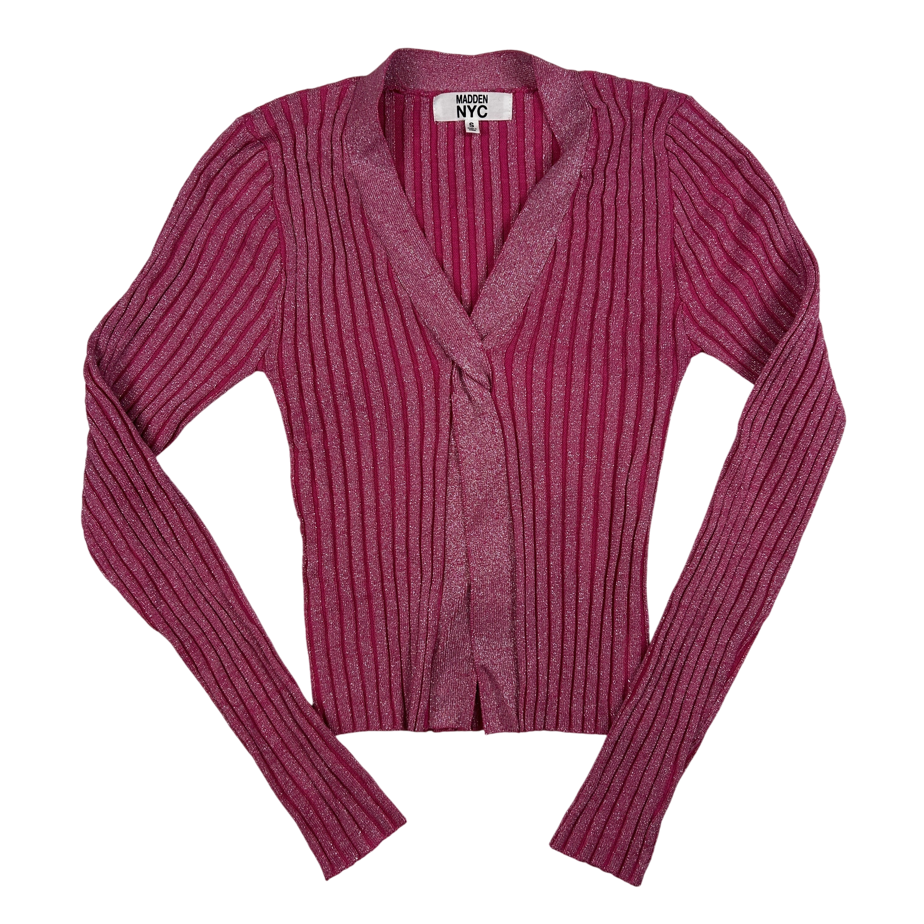 Madden NYC Cardigan Womens Small Y2K Pink Metallic Ribbed Stretch Open Front